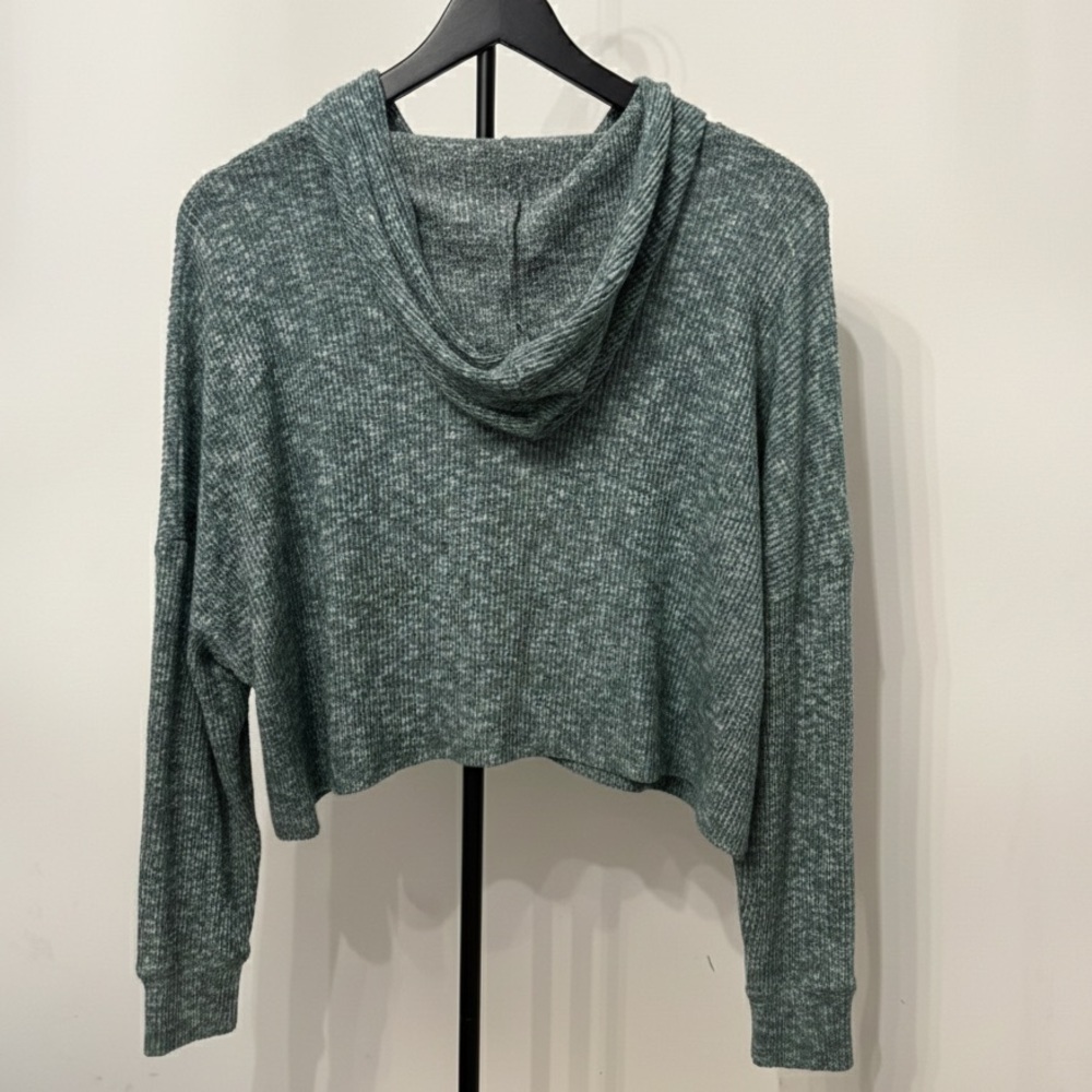 American Eagle Heathered Sage Green Cropped Ribbed Hoodie - XS - Picture 2 of 8